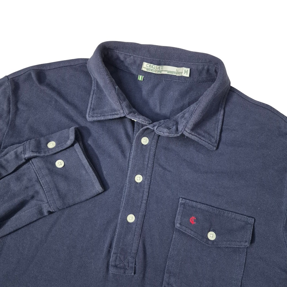 Criquet Polo Mens Large Navy Blue Organic Cotton Long Sleeve Pique Preppy Casual